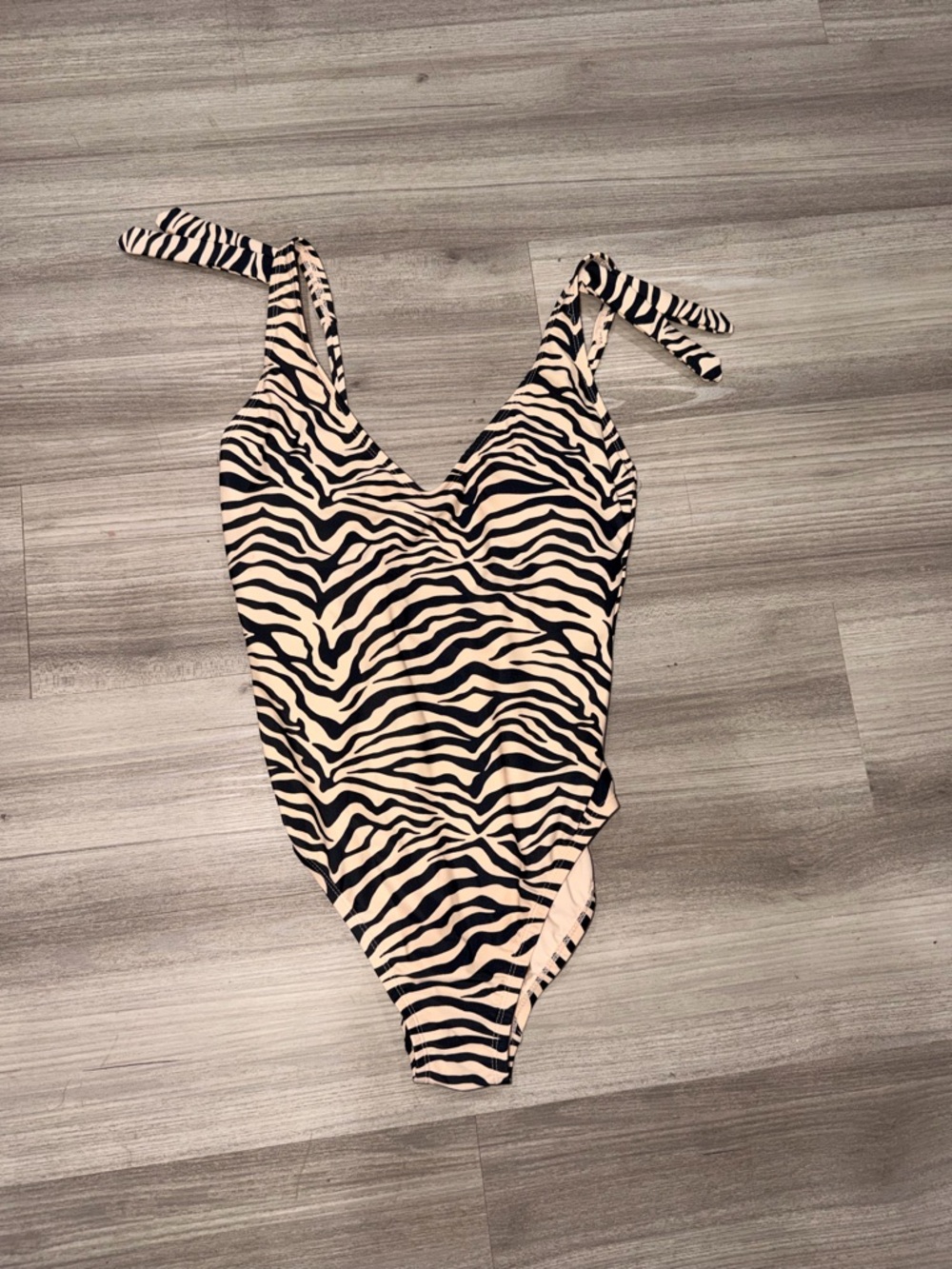 Zebra Print Tie-Strap One-Piece Swimsuit - Black & Cream